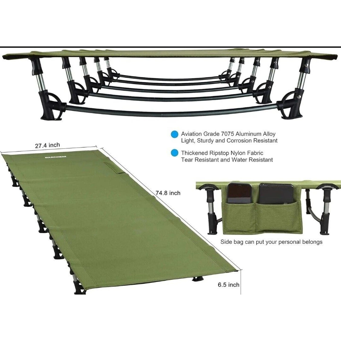 Folding Cot For Camping, Portable, Lighweight, Compact, Green - MARCHWAY