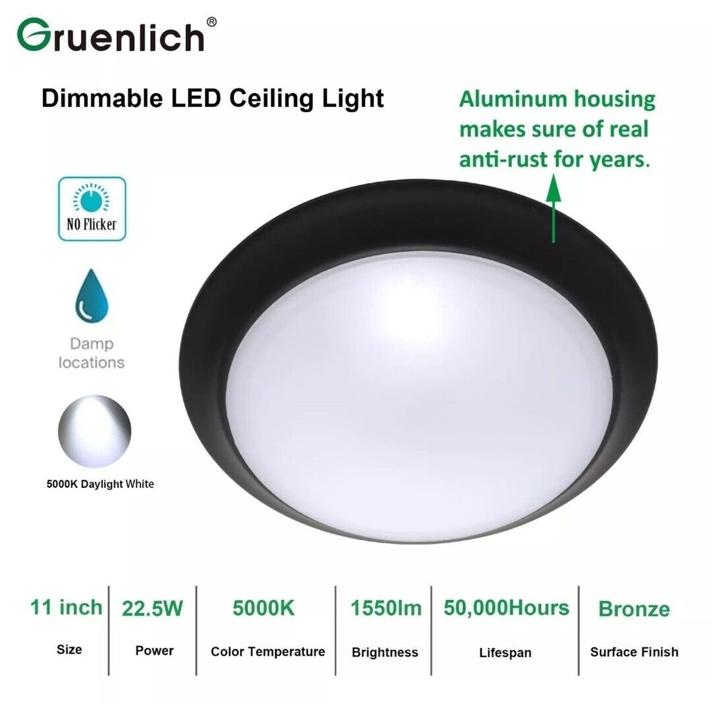 LED Flush Mount Ceiling Lighting Fixture, 11 in. Dimmable 22.5W Gruenlich 2 PACK