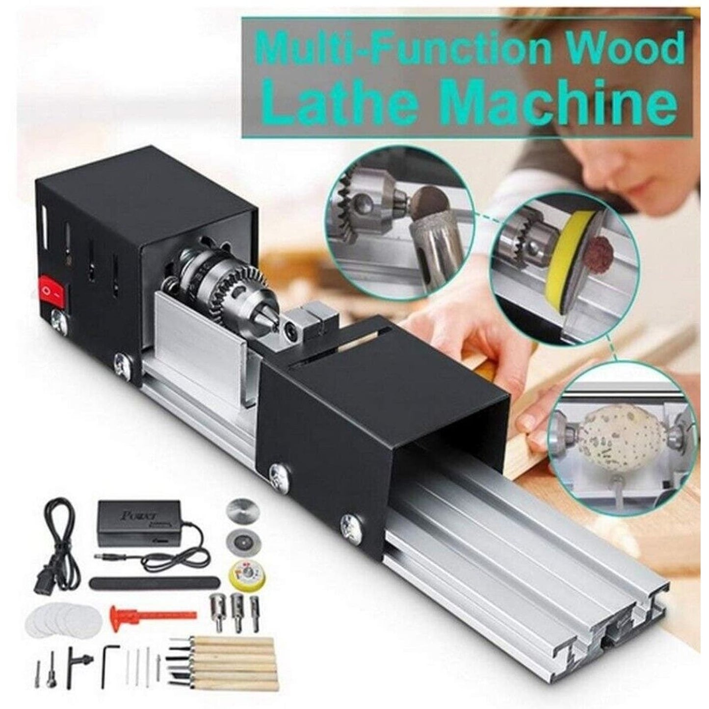 Mini Woodworking Lathe Polisher Machine and Toolset YWY - 24V 8000RPM