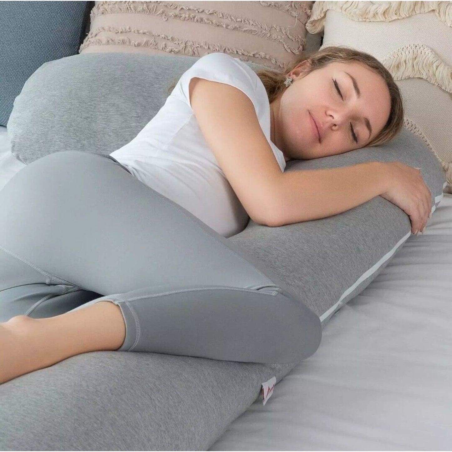 Pregnancy Pillow with Jersey Cover, L Shaped Full Grey - AngQi