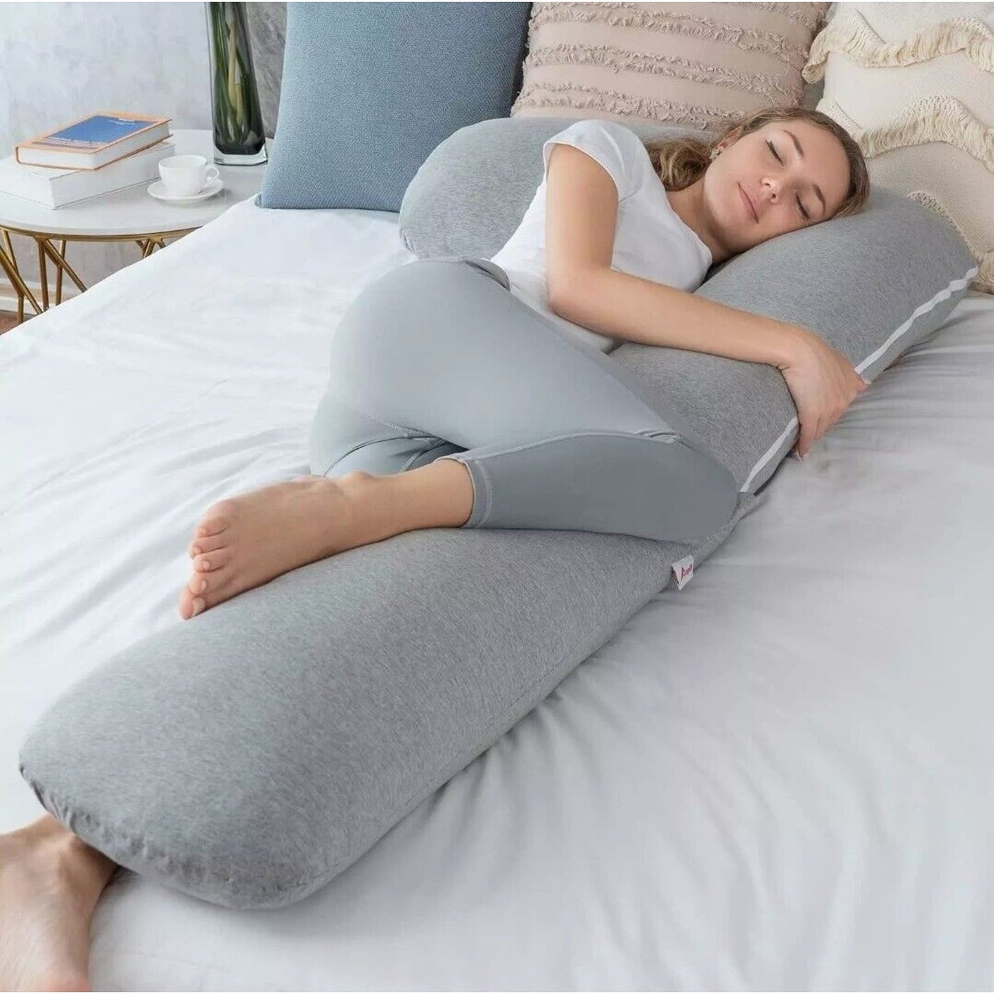 Pregnancy Pillow with Jersey Cover, L Shaped Full Grey - AngQi